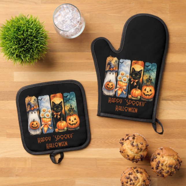 Happy "Spooky" Halloween Pumpkins Black Cat Ghost Ofenhandschuh & Topflappen-Set (Oben Unten)