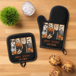 Happy "Spooky" Halloween Pumpkins Black Cat Ghost Ofenhandschuh & Topflappen-Set