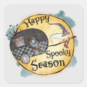 Happy Spooky Season   Halloween-Camping Quadratischer Aufkleber