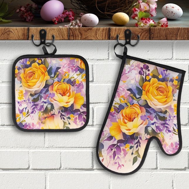 Happy Spring Colorful Painted Blume Ofenhandschuh & Topflappen-Set (Oven mitt and pot holder set featuring an illustration of colorful roses and spring flowers)