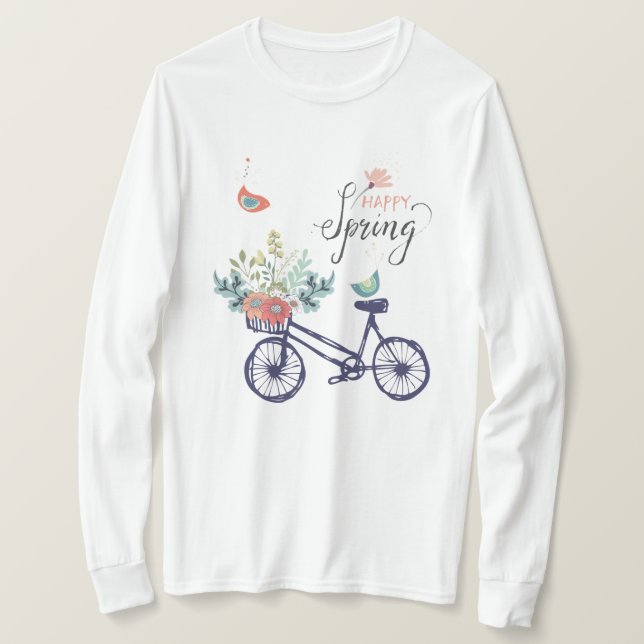 Happy Spring Design: Fahrrad, Blume und Vögel T-Shirt (Design vorne)