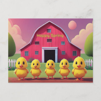 Happy Spring Five Yellow Chicks in Barnyard Postkarte