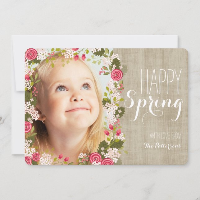 Happy Spring Floral | Leinen-Foto-Grußkarte Karte (Vorderseite)
