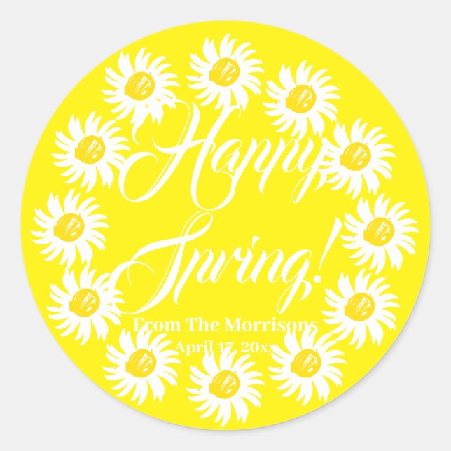 Happy Spring gelb daisy benutzerdefinierte Skript  Runder Aufkleber (Vorderseite)