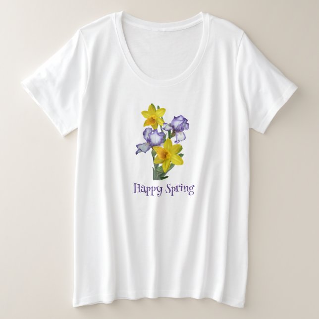 Happy Spring Irises und Daffodils Große Größe T-Shirt (Design vorne)