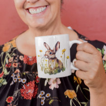 Happy Spring Watercolor Rabbit Fleurs Jaunes Mug
