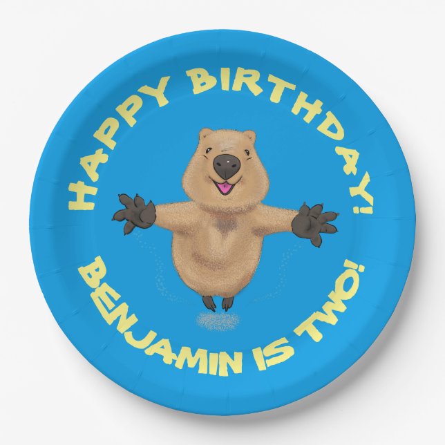 Happy Springquokka personalisierter Cartoon Geburt Pappteller (Vorderseite)