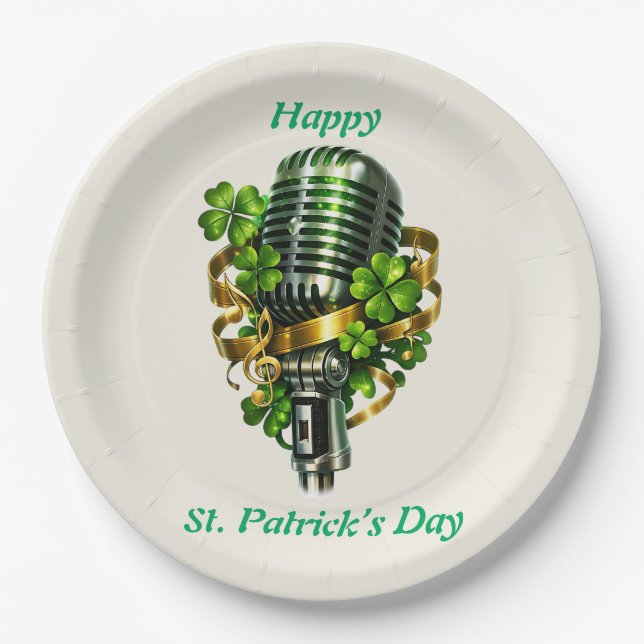 Happy St. Patrick’s Day Shamrock & Microphone Pappteller (Vorderseite)