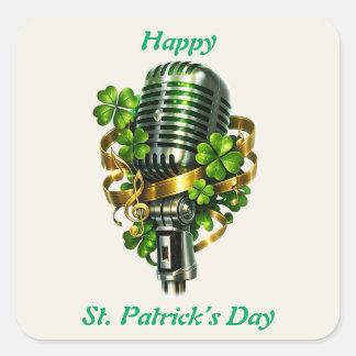 Happy St. Patrick’s Day Shamrock & Microphone Quadratischer Aufkleber