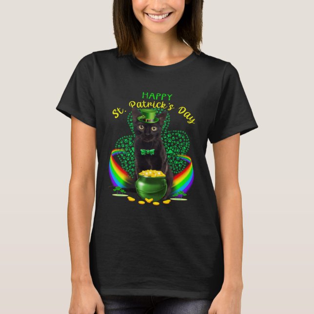 Happy St Patricks Day Black Cat Leprechaun Hat Sha T-Shirt (Vorderseite)