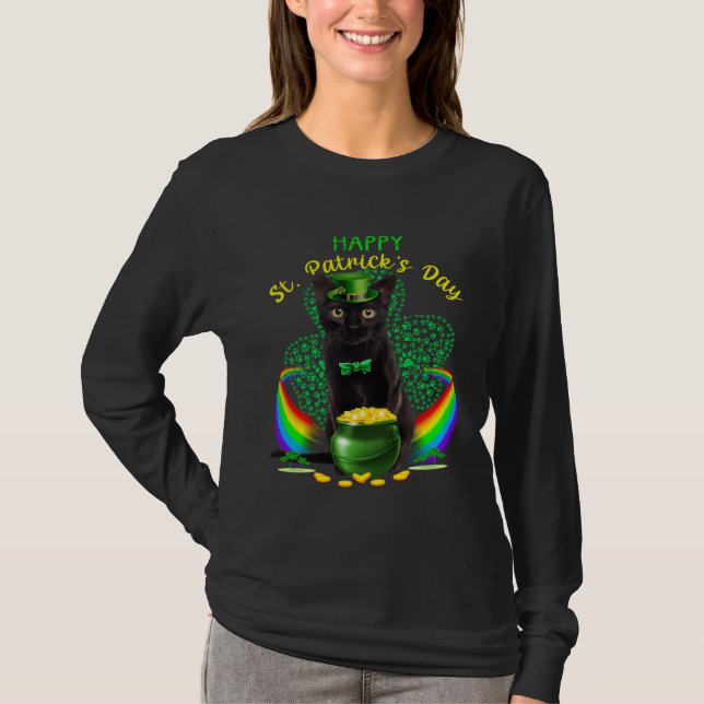 Happy St Patricks Day Black Cat Leprechaun Hat Sha T-Shirt (Vorderseite)