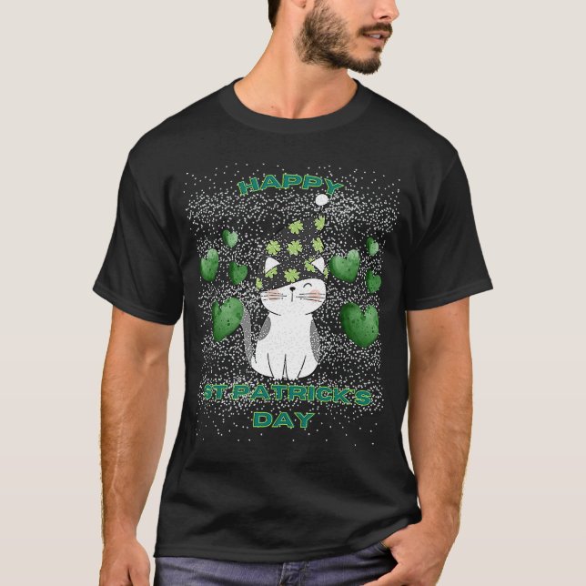 Happy st Patrick's Day Cat Grün Herz Licht T-Shirt (Vorderseite)