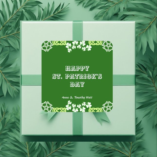 Happy St Patricks Day Celtic Lucky Kleeblatt Borde Quadratischer Aufkleber (Happy St Patricks Day Celtic Lucky Shamrock Border Square Sticker)