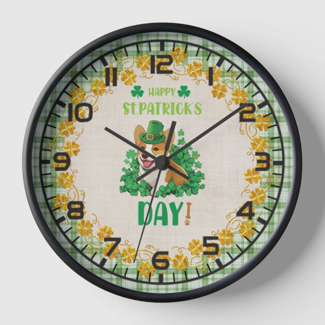 Happy St. Patrick's Day Corgi Uhr (Vorderseite)