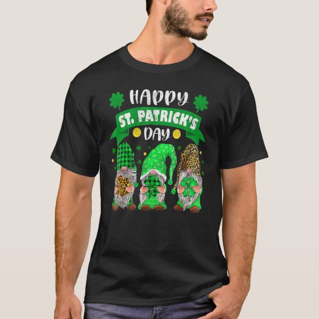 Happy St Patricks Day Drei Gnome Kleeblatt Leopard T-Shirt (Vorderseite)