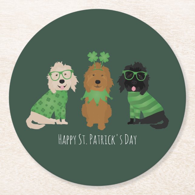 Happy St Patricks Day Goldendoodle Hunde Runder Pappuntersetzer (Vorderseite)