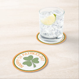 Happy St Patrick's Day Green Gingham Kleeblatt Runder Pappuntersetzer