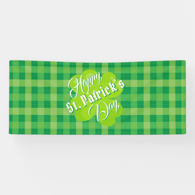 Happy St. Patrick's Day Green Tartan Lucky Clover Banner (Horizontal)