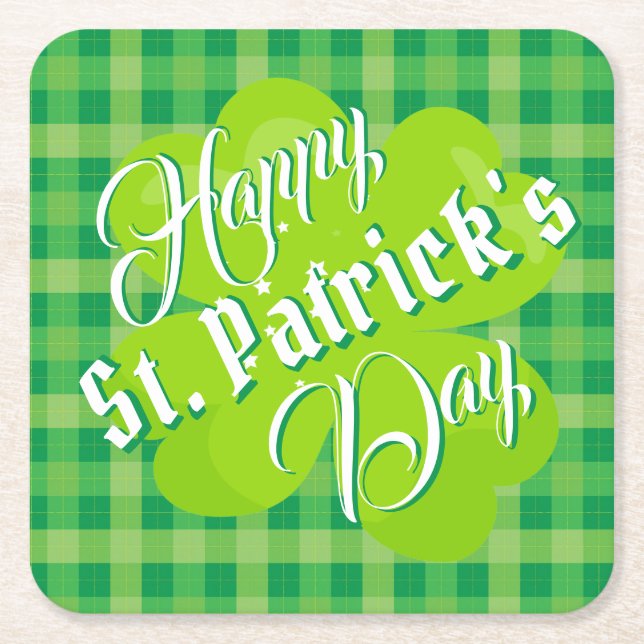 Happy St. Patrick's Day Green Tartan Lucky Clover Rechteckiger Pappuntersetzer (Vorderseite)