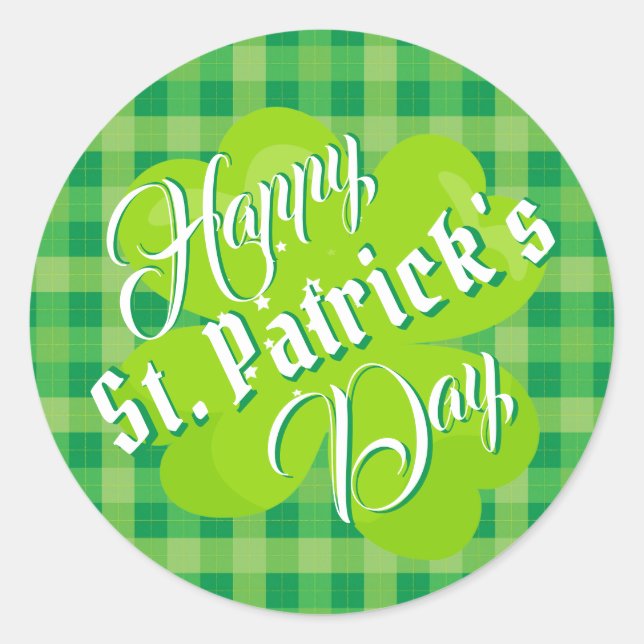 Happy St. Patrick's Day Green Tartan Lucky Clover Runder Aufkleber (Vorderseite)