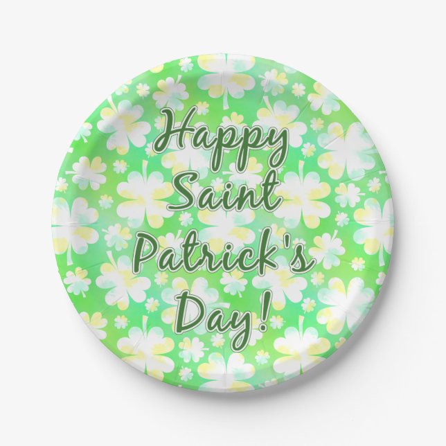 Happy St Patrick's Day Kleeblatts Retro Wasserfarb Pappteller (Vorderseite)