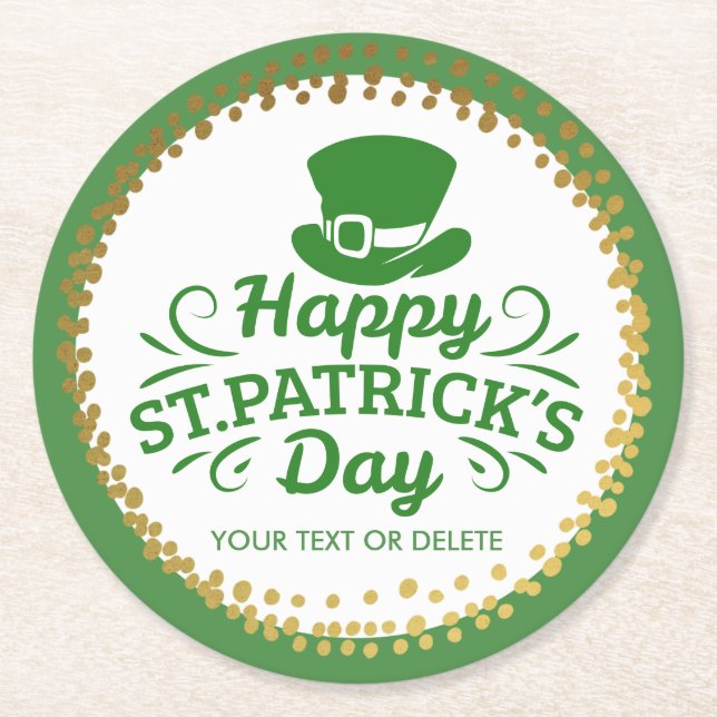Happy St Patricks Day Leprechaun Hat Custom Text Runder Pappuntersetzer (Vorderseite)