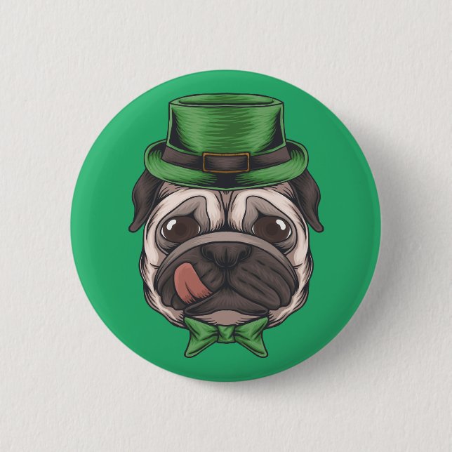 Happy St. Patrick's Day | Lucky Hipster Mops Dog Button (Vorderseite)