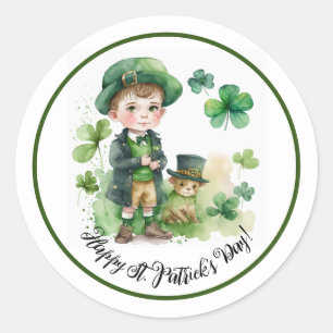 Happy St.Patrick's Day Watercolor Little Irish Boy Runder Aufkleber