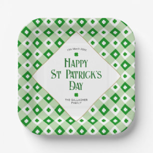 Happy St Patrick's Orange Green Clover Karierter N Pappteller