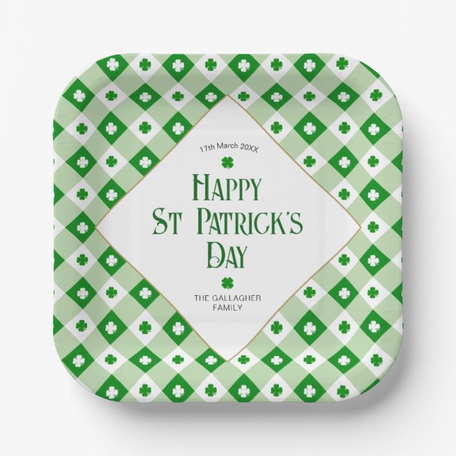 Happy St Patrick's Orange Green Clover Karierter N Pappteller (Vorderseite)