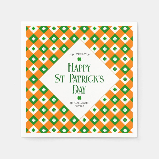 Happy St Patrick's Orange Green Clover Karierter N Serviette (Vorderseite)