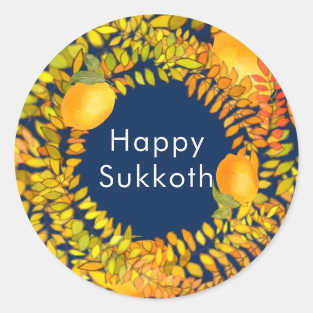Happy Sukkot-Affen und Blätter blau Runder Aufkleber (Vorderseite)