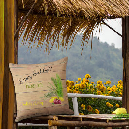 Happy Sukkot Etrog Lulav Rustic Wood Kissen