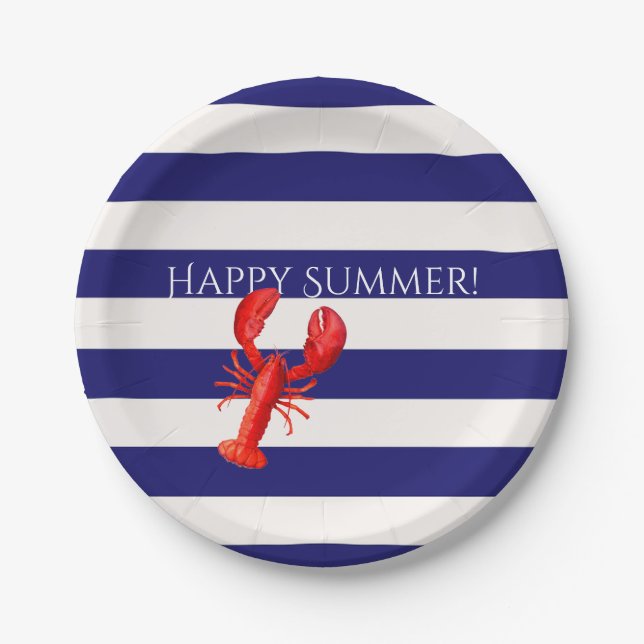 Happy Summer Blue Streifen Red Hummer Pappteller (Vorderseite)