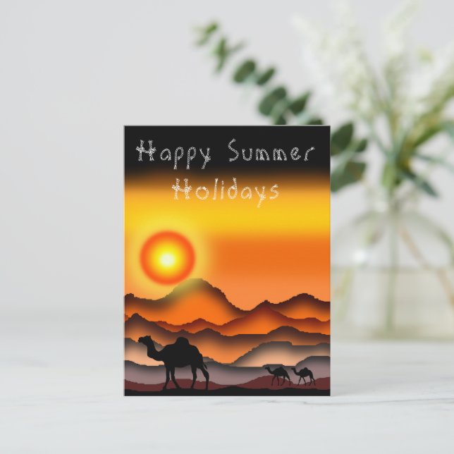 Happy Summer Holidays Card Camels in der Sunset Wü Postkarte (Stehend Vorderseite)