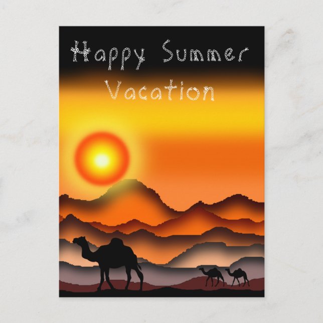 Happy Summer Vacation Card Camels in der Sunset Wü Postkarte (Vorderseite)