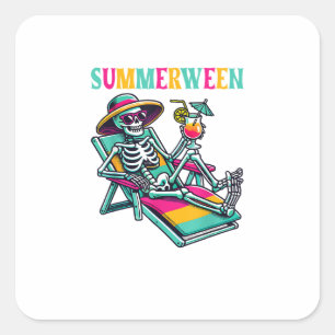 Happy Summerween Summer Halloween Skeleton Quadratischer Aufkleber