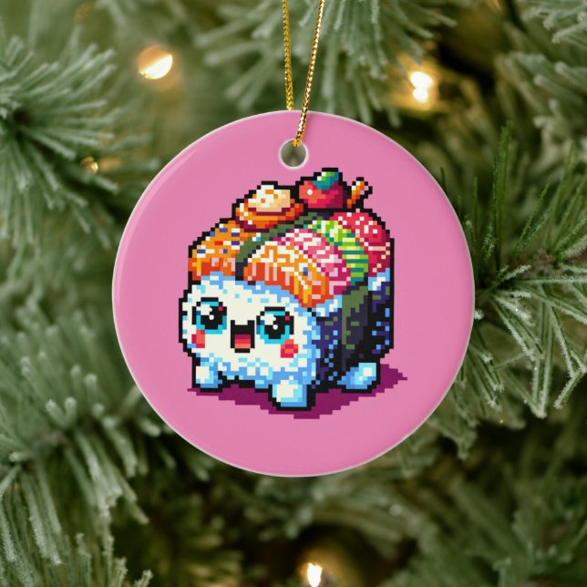 Happy Sushi Roll - Niedliche Pixel Art japanisches Keramik Ornament (Baum)
