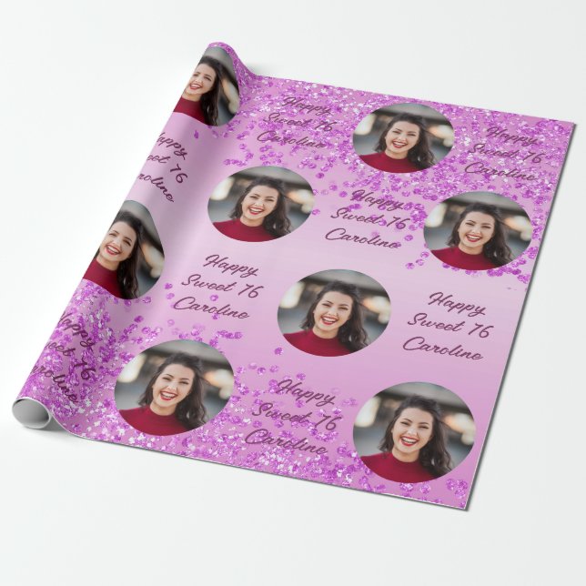 Happy Sweet 16 Falling Pink Glitzer & Foto Geschenkpapier (Ungerollt)