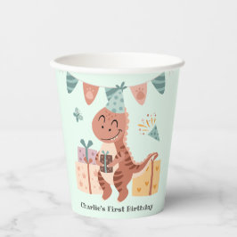 Happy T-rex Dinosaur mit Geburtstagsgeschenk und Pappbecher