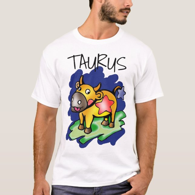 Happy Taurus Blue mit Red Star Cartoon T-Shirt (Vorderseite)