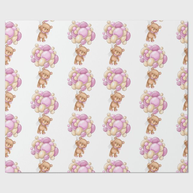 Happy Teddy Bear Pink Baby Shower  Geschenkpapier (Saum)