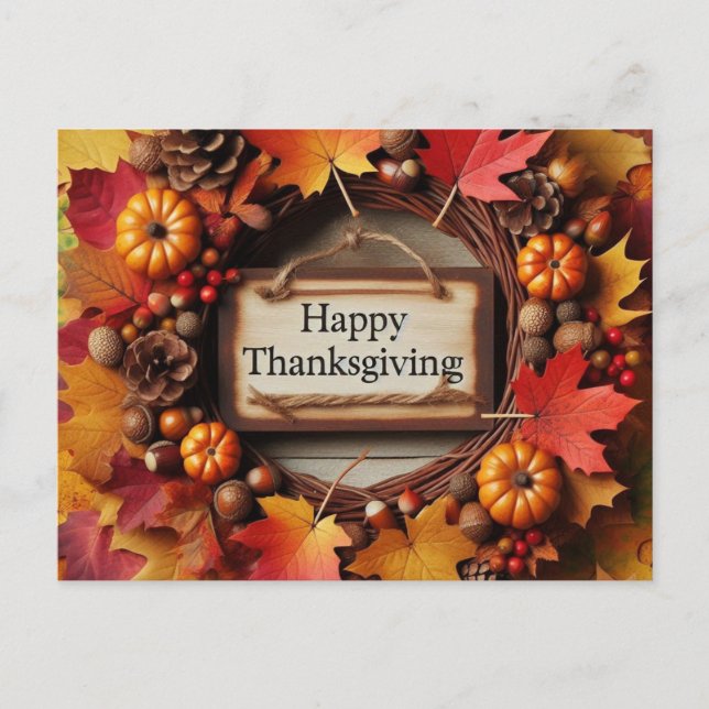 Happy Thanksgiving Autumn Leaf Wreath Feiertagspostkarte (Vorderseite)