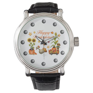 Happy Thanksgiving Autumn Leaves Pumpkin & Türkei Armbanduhr