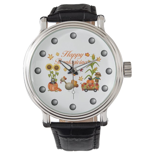 Happy Thanksgiving Autumn Leaves Pumpkin & Türkei Armbanduhr (Vorderseite)