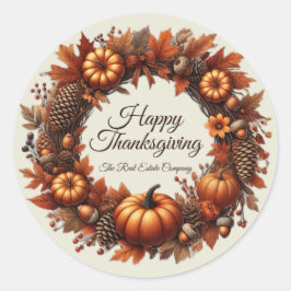 Happy Thanksgiving Autumn Leaves Wreath Company Runder Aufkleber