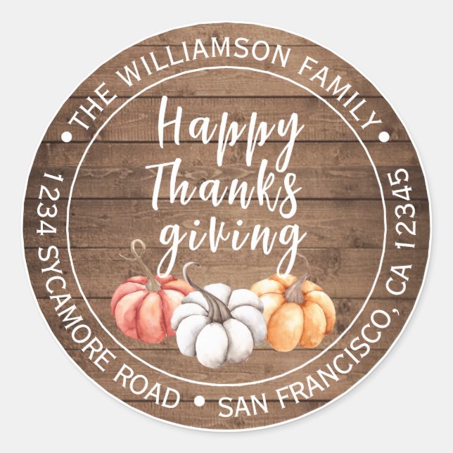 Happy Thanksgiving Barn Wood Rücksendeadresse Runder Aufkleber (Vorderseite)