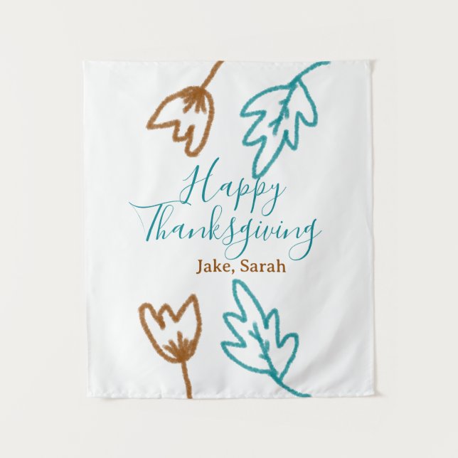 Happy Thanksgiving blauen braunen Herbstlaub Blume Wandteppich (Vorderseite)