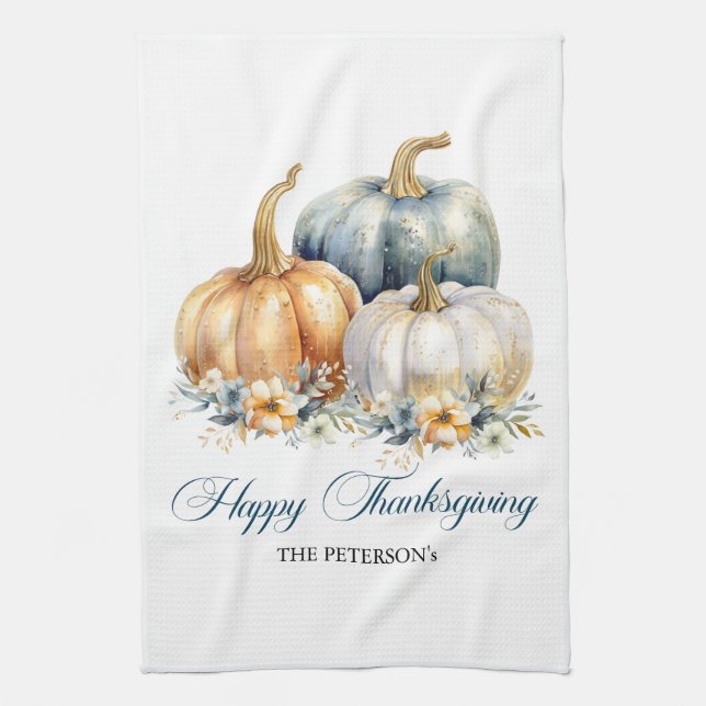 Happy Thanksgiving Blue Orange Gold Pumpkins Geschirrtuch (Vertikal)