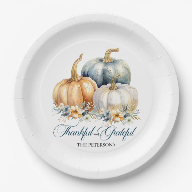 Happy Thanksgiving Blue Orange Gold Pumpkins Pappteller (Vorderseite)